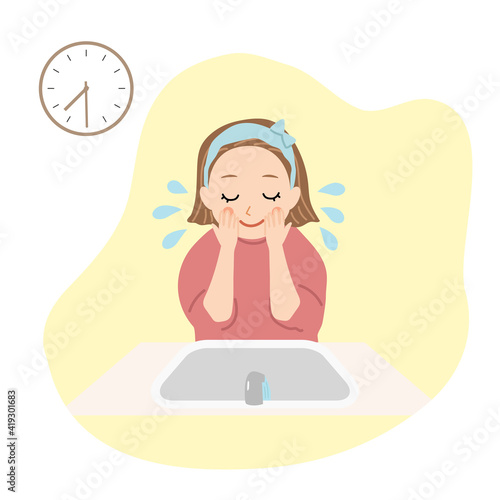 a girl washes her face in the morning, preparation for school, morning routine , vector illustration