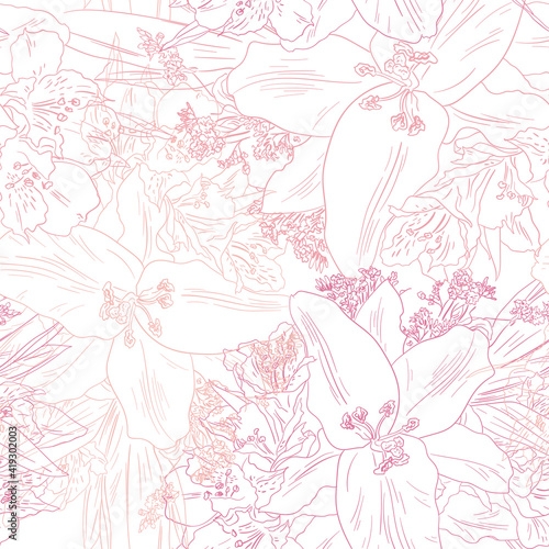 Seamless background of pink and purple lilies in a bouquet. Endless background of alstroemeria and lilies.