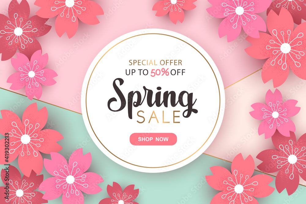 Vector spring sale round banner with pink cherry flowers and frame isolated on colorful background. Design for advertising, promotion, flyer, invitation, card, poster, website