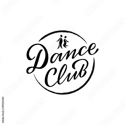 Vector illustration of dance club lettering with a silhouette of a couple for logo, advertisement, business card, signage, poster, product design. Handwritten creative text for web or print
