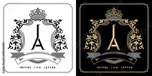 IA or AI royal emblem with crown, initial letter and graphic name Frames Border of floral designs with two variation colors, IA or AI Monogram, for insignia, initial letter frames, wedding couple name