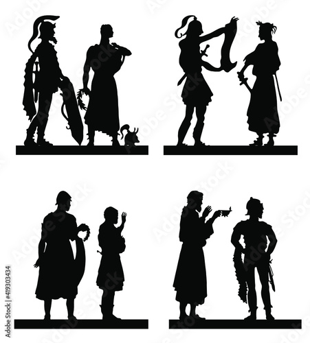 Collection of silhouettes of the Greek soldiers and people.