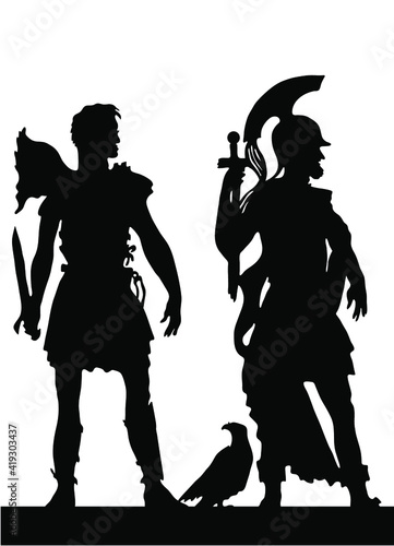 Collection of silhouettes of the Greek soldiers and people.