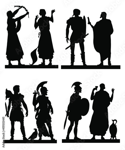 Collection of silhouettes of the Greek soldiers and people.