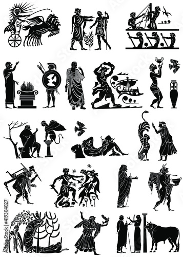 Large collection of Greek songs on a white background. Black silhouettes of the Greek heroes. Tattoos on a thematic topic.