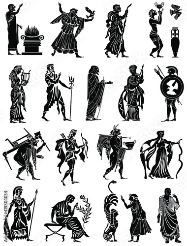 Large collection of Greek songs on a white background. Black silhouettes of the Greek heroes. Tattoos on a thematic topic.