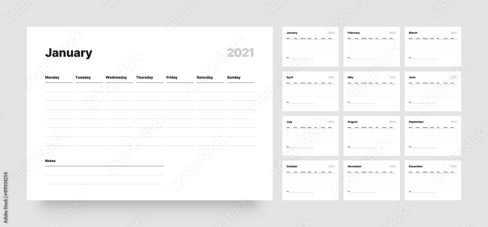 Printable weekly planner template. Business organizer page for effective planning. Twelve months for 2021. Week starts on Monday. Printable weekly planner template. Business organizer page for effective planning. Twelve months for 2021. Week starts on Monday.