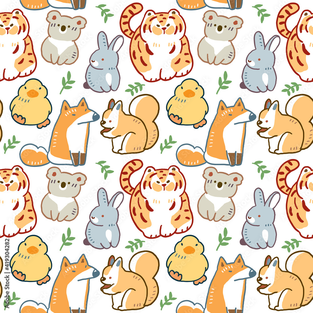 Seamless Pattern with Cute Cartoon Animal, Tiger, Koala, Squirrel, Rabbit,  Fox and Duck Illustration Design on White Background Stock Vector | Adobe  Stock