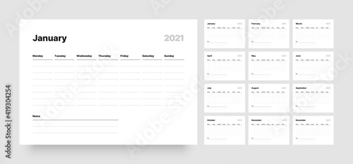 Printable weekly planner template. Business organizer page for effective planning. Twelve months for 2021. Week starts on Monday.