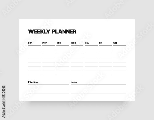 Printable weekly planner template. Business organizer page for effective planning. Week starts on Sunday.