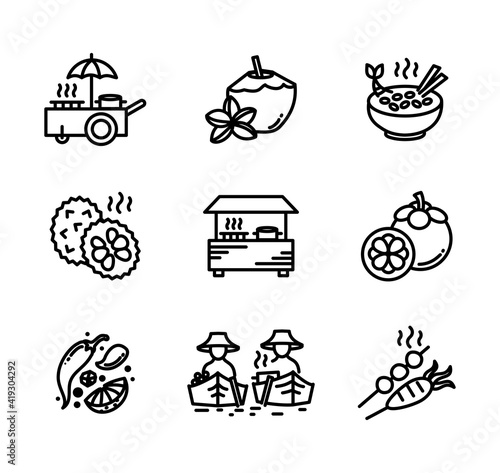 Thai street food - Thailand traditional outdoor cuisine thin line icon set