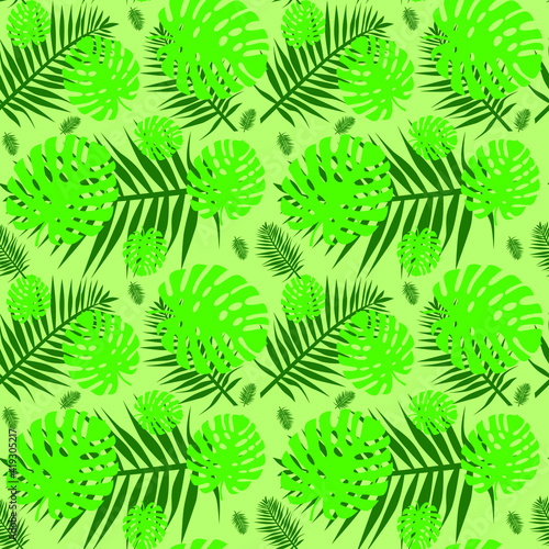 Tropical leaves on a green background, texture for design, seamless pattern, vector illustration