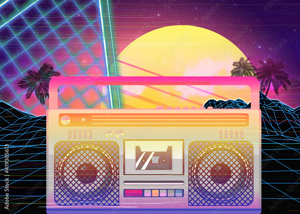 Boombox 80s vaporwave tropical poster