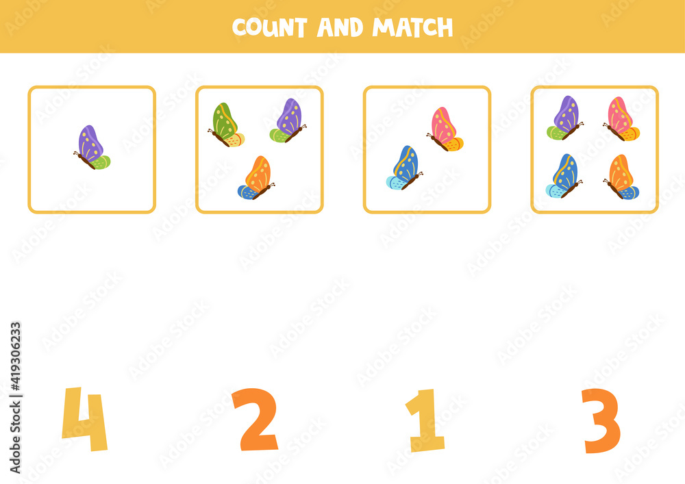 Counting game with colorful butterflies. Math worksheet.