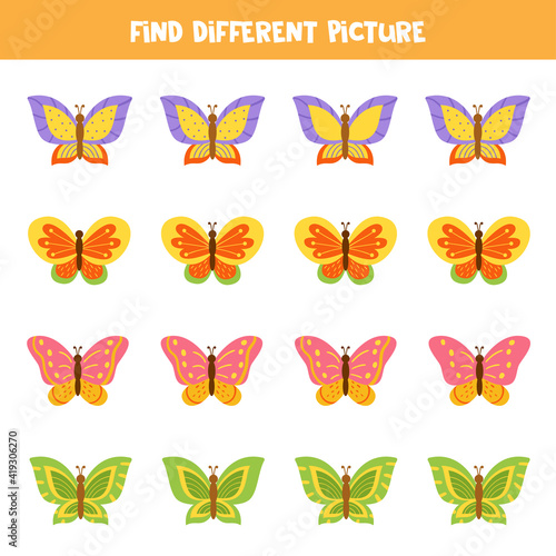 Find butterfly which is different from others. Worksheet for kids. © Milya Shaykh