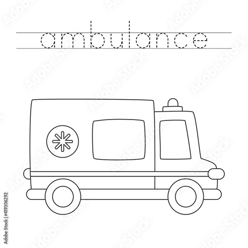 Tracing letters with cartoon ambulance car. Writing practice.