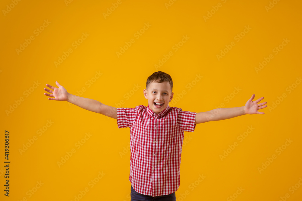 cheerful boy of about 8 years old in a red checkered shirt spread his arms out to the sides and smiled happily on yellow background. Close-up. boy rejoices in success and victory. Discounts and sales cheerful boy of about 8 years old in a red checkered shirt spread his arms out to the sides and smiled happily on yellow background. Close-up. boy rejoices in success and victory. Discounts and sales