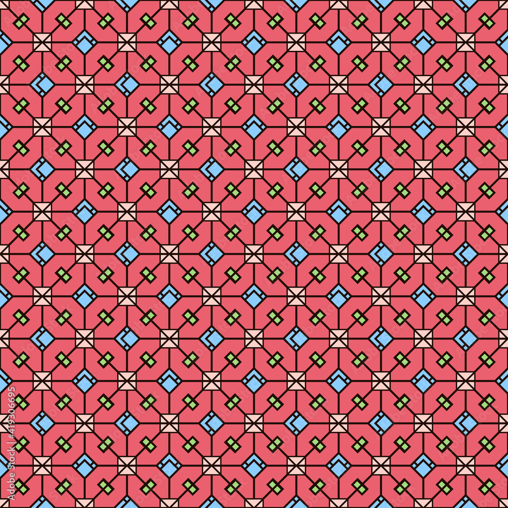 Seamless abstract pattern from a contour black grid with curly cells, a scattering of small colored squares and rhombuses, carmine pink background.