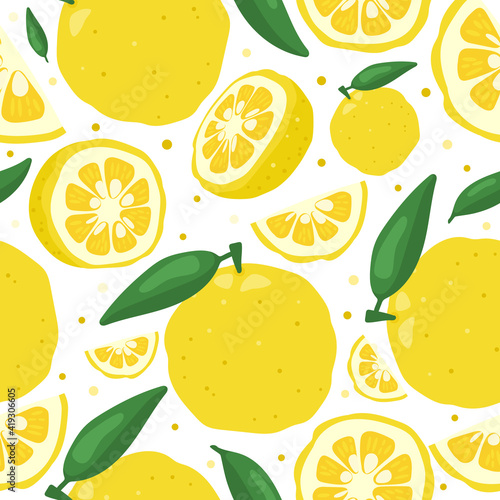 Yuzu japanese citron fruit seamless pattern vector illustration isolated on white background. Full, half and sliced citrus yuzu fresh fruit seamless texture.