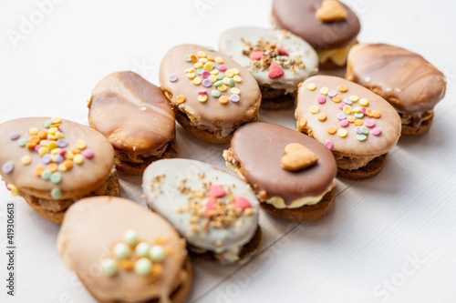homemade easter spring chocolate egg cookies decorated with sprinkels 