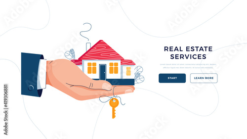 Real estate agency landing page template. Broker's hand giving house keys for home purchase. Deal sale, property purchase, estate agency servise concept for web site design. Flat vector illustration