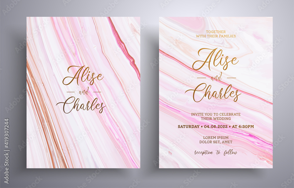 Modern collection of wedding invitations with stone pattern. Agate vector cards with marble effect and swirling paints, beige, brown and white colors. Designed for posters, packaging and etc