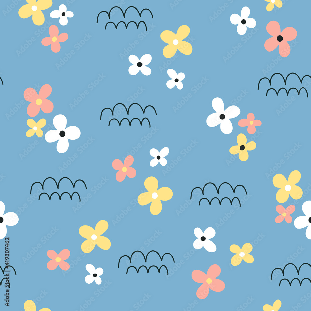 Childish seamless pattern with flowers. Vector illustration.