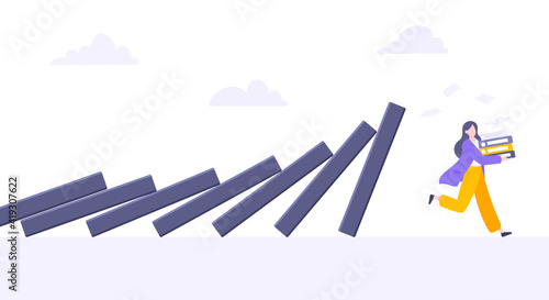 Domino effect or business cowardice metaphor vector illustration concept. Adult young businesswoman run away from falling domino line business concept problem solving and danger domino chain reaction.