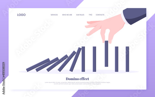 Domino effect business concept. Hand stops chain reaction of falling board game blocks of dominoes flat style vector illustration. Business bankruptcy or crisis, risk and finding solution metaphor.