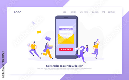 Subscribe now to our newsletter vector illustration with tiny people working with smartphone and newsletter. Email news subscription or mail marketing business flat style design landing page concept.