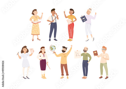Man and Woman School Teacher or Educator with Pointer and Schoolbook Vector Illustration Set