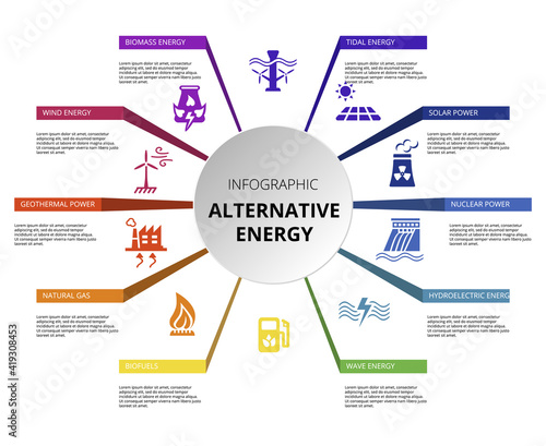 Infographic Alternative Energy template. Icons in different colors. Include Tidal Energy, Biomass Energy, Wind Energy, Geothermal Power and others.