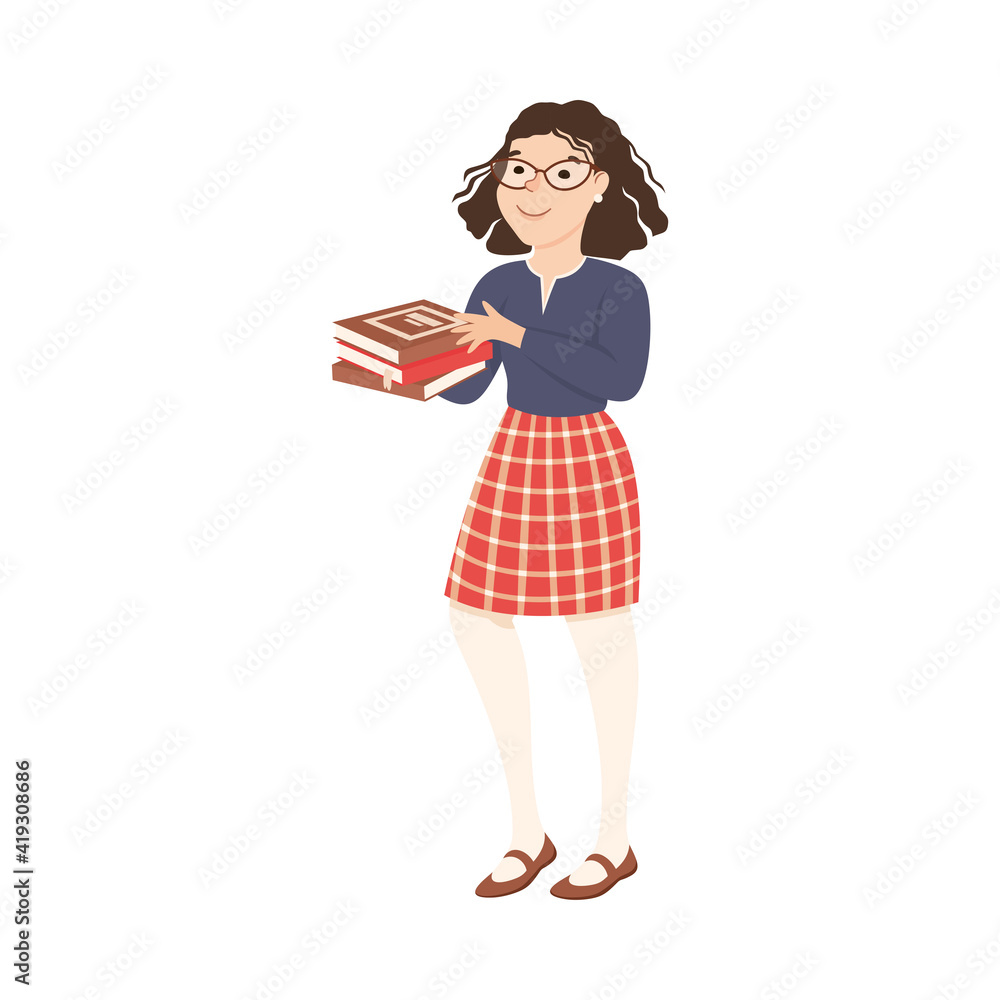 Woman School Teacher or Educator in Checkered Skirt Holding Pile of Schoolbook Vector Illustration Woman School Teacher or Educator in Checkered Skirt Holding Pile of Schoolbook Vector Illustration