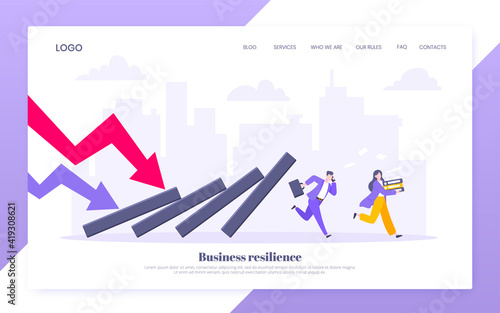 Domino effect or business resilience metaphor vector illustration concept. Adult young business people run away from falling domino line business concept problem solving danger domino chain reaction.