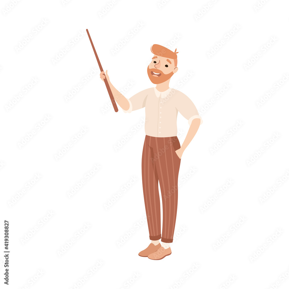 Bearded Man School Teacher or Educator in Striped Trousers Holding Pointer Explaining Something Vector Illustration Bearded Man School Teacher or Educator in Striped Trousers Holding Pointer Explaining Something Vector Illustration