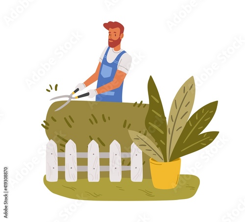 Garden worker pruning hedge with pruners or garden shears. Man working with shrubs in backyard. Colored flat vector illustration of professional gardener in uniform isolated on white background