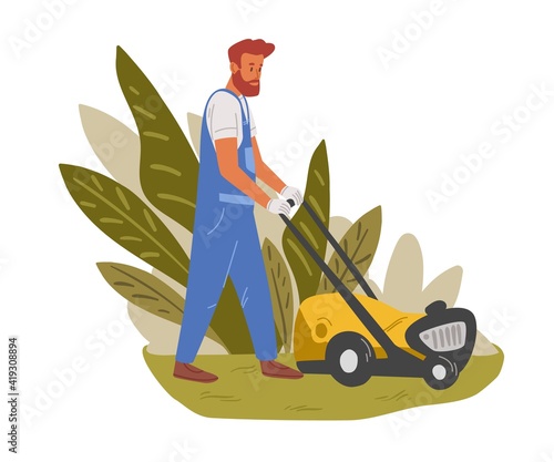 Garden worker mowing lawn with electric push-mower in backyard. Male handyman cutting grass in garden. Colored flat cartoon vector illustration of professional gardener isolated on white background
