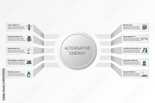 Infographic Alternative Energy template. Icons in different colors. Include Tidal Energy, Biomass Energy, Wind Energy, Geothermal Power and others.