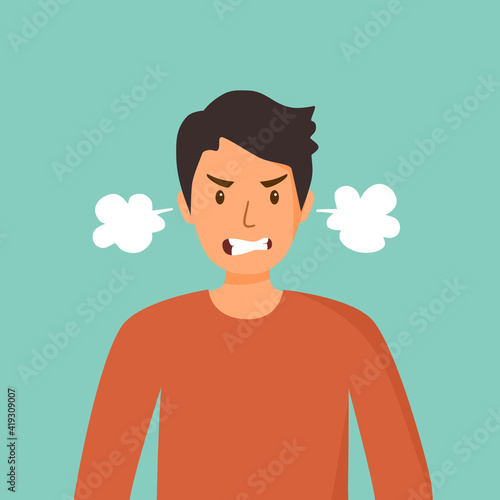Angry man cartoon expression character in flat design. Anger emotion.