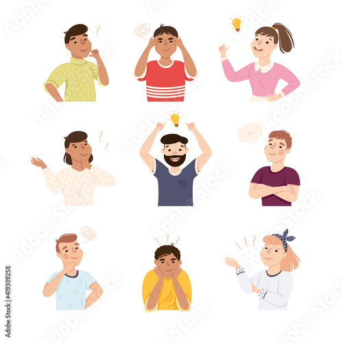 Thoughtful Male and Female Thinking and Figuring Something out Half Length Vector Illustration Set
