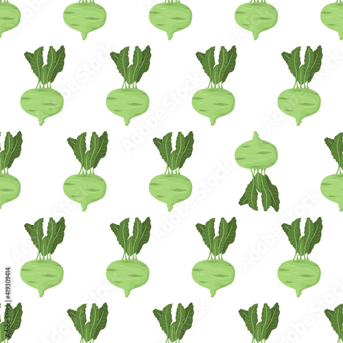 Cartoon seamless pattern for paper design with green kohlrabi root with green leaf. Colorful background. Eye catching element - inverted vegetable.