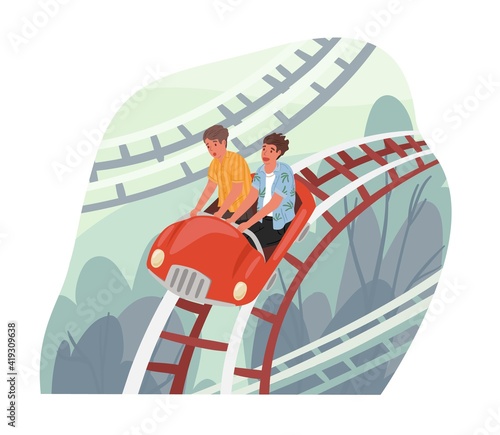 Terrified friends riding roller coaster car, rolling down. People in panic in rollercoaster in amusement park. Colored flat cartoon vector illustration isolated on white background