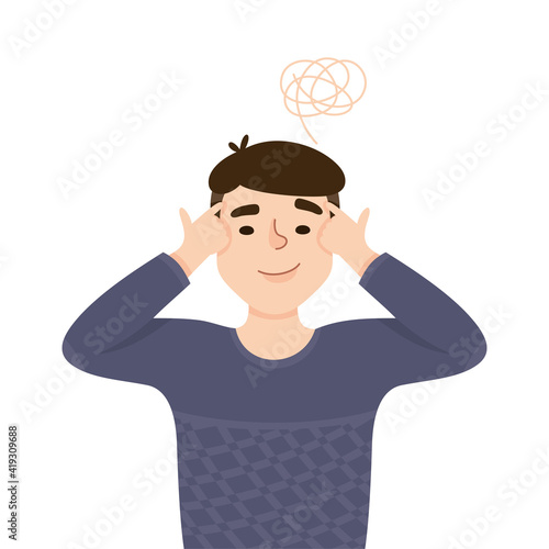 Young Man Solving Puzzle in His Head Thinking and Figuring Something out Half Length Vector Illustration