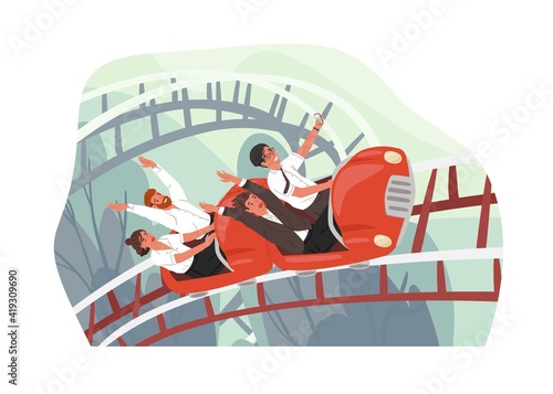 Team of happy coworkers riding roller coaster. Concept of rapid and successful start. People moving fast toward corporate goals. Colored flat cartoon vector illustration isolated on white background