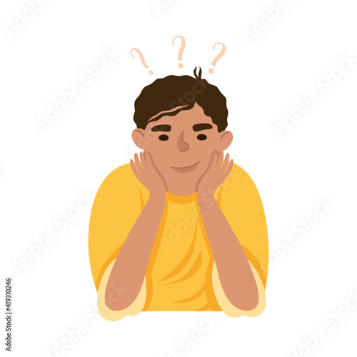 Young Man Solving Puzzle in His Head Thinking and Figuring Something out Half Length Vector Illustration