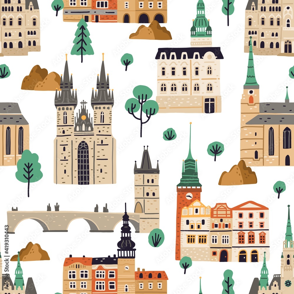 Seamless pattern with famous Czech buildings on white background. Endless repeatable texture with Prague architecture. Colored flat vector illustration of European churches, castles and houses - obrazy, fototapety, plakaty 