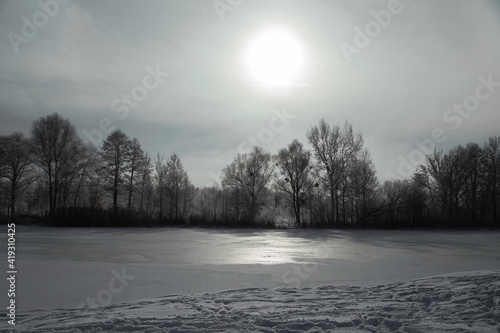 landscape snowy forest and river