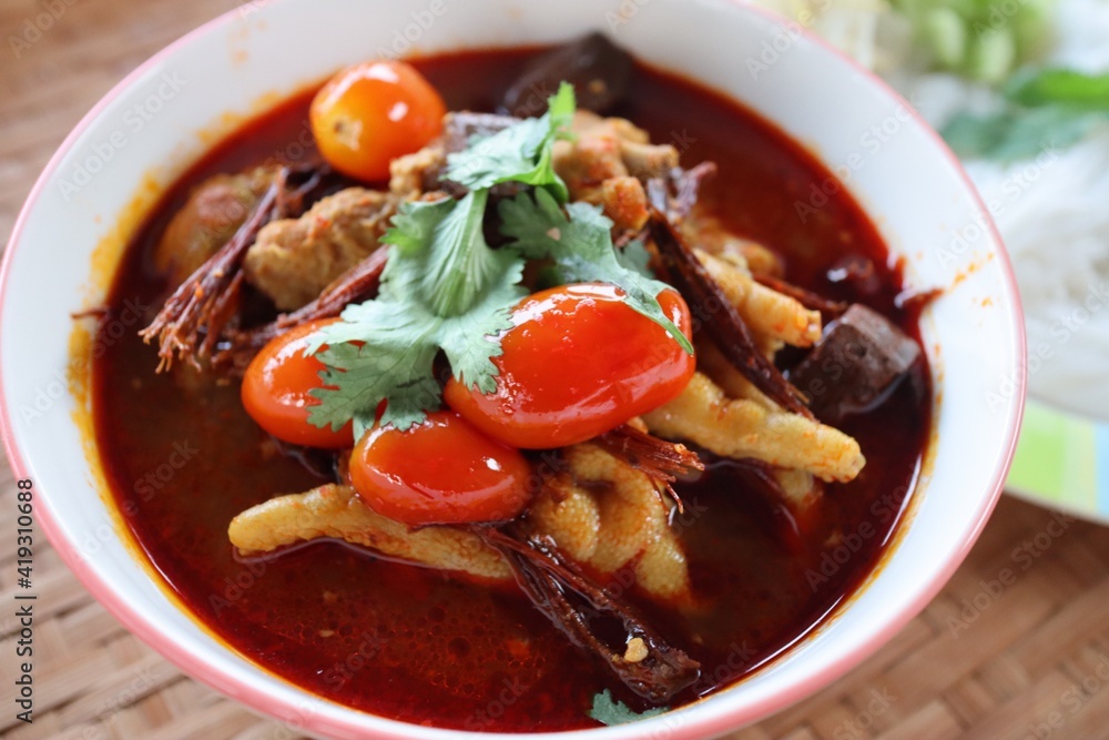 Kanom Jeen Nam Ngiao is a popular local food in the North. With pork and a variety of vegetables