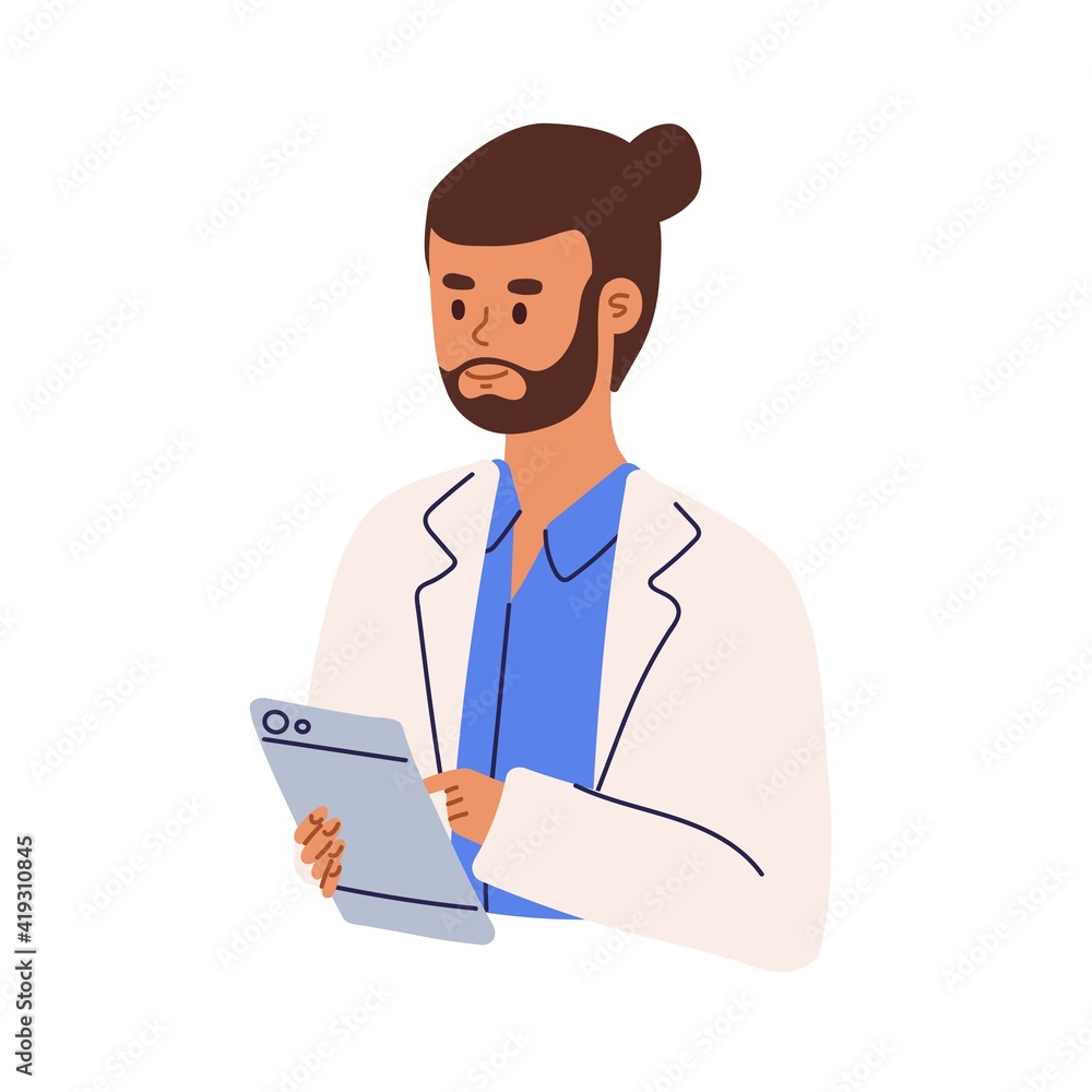 Professional doctor or medical student using tablet PC. Happy medic specialist in uniform. Colored flat cartoon vector illustration of young health worker or pharmacist isolated on white background