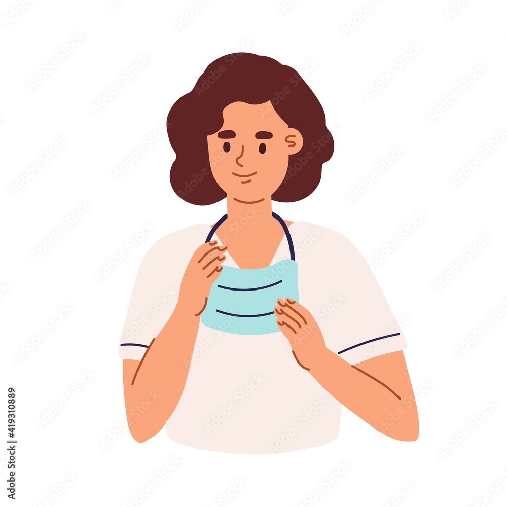 Portrait of smiling nurse or paramedic taking off medical mask. Young health worker in uniform. Colored flat vector illustration of medic specialist in scrubs isolated on white background Portrait of smiling nurse or paramedic taking off medical mask. Young health worker in uniform. Colored flat vector illustration of medic specialist in scrubs isolated on white background